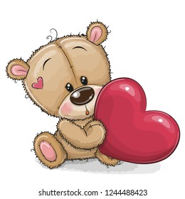 Cute Cartoon Teddy Bear and heart isolated white background