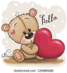 Cute Cartoon Teddy Bear and heart gray background