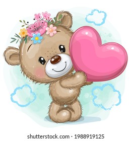 Cute Cartoon Teddy Bear and heart blue background