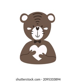 Cute cartoon teddy bear with a heart. Teddy bear in love for Valentine's Day. Simple flat vector illustration
