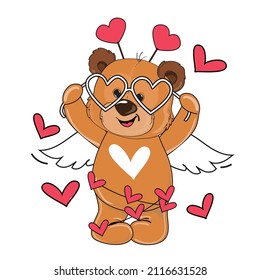 Cute cartoon teddy bear and heart on a white background isolated. Vector illustration for Valentine's Day and birthday