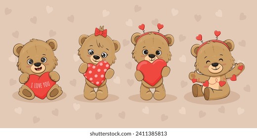 Cute cartoon teddy bear with heart for your design. Valentine's card. Mother's Day card. Vector illustration