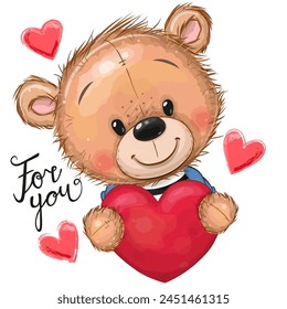 Cute Cartoon Teddy Bear with heart on a hearts background