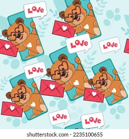 Cute cartoon teddy bear with hearts and envelope letter seamless pattern. Vector illustration for valentine's day. T-shirt design, greeting cards