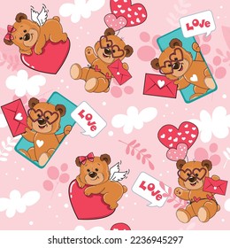 Cute cartoon teddy bear with hearts and letters on a pink background seamless pattern. Vector illustration for valentine's day. T-shirt design, greeting cards