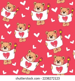 Cute cartoon teddy bear with hearts on a red background seamless pattern. Vector illustration for valentine's day. T-shirt design, greeting cards