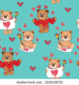 Cute cartoon teddy bear with hearts on a blue background seamless pattern. Vector illustration for valentine's day