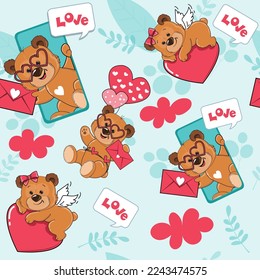 Cute Cartoon Teddybär mit Herz und Buchstaben auf blauem Hintergrund nahtlose Muster. Vektorgrafik für den Valentinstag