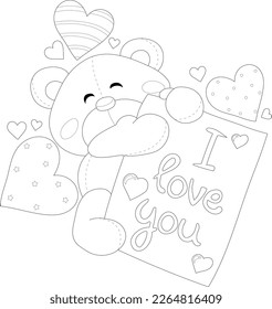 Oso de peluche de caricatura con corazones y plantilla de dibujo de notas. Ilustración vectorial gráfica de San Valentín en blanco y negro para juegos, fondo, patrón, decoración. Libro de relatos para niños, papel de coloración