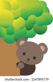 Cute cartoon teddy bear hiding behind the tree. Playing hide and seek. Cartoon animal character. Illustration, Vector, EPS10