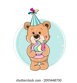 Cute cartoon teddy bear holding a cake. Isolated vector illustrations. Valentine's Day concept, birthday card