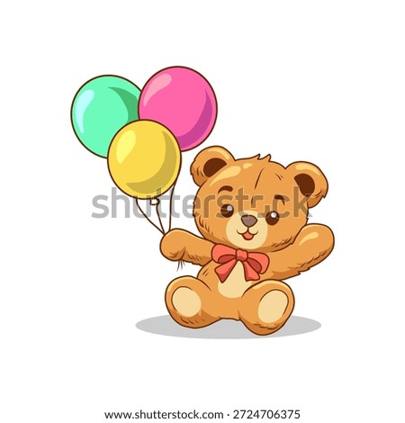 Cute cartoon teddy bear holding colorful balloons. Perfect for birthday celebration, party invitation, greeting cards, kids designs, stickers, nursery decorations, and adorable character illustrations