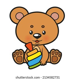 Cute cartoon teddy bear holds a pyramid in its paws color variation for coloring page on a white background