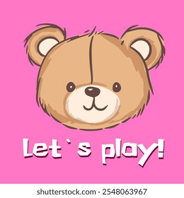 Cute cartoon teddy bear inviting children to play, with cheerful bright colors and playful vibe, t-shirt design kids fashion