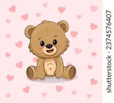 Cute cartoon teddy bear isolated on background with hearts. Postcard for Valentine