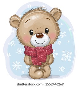 Cute Cartoon Teddy Bear in a knitted scarf on a blue background