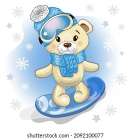 Cute Cartoon Teddy Bear in a knitted scarf, hat, glasses and on a snowboard. Vector winter illustration. New Year, Christmas illustration with snowflakes on the background.