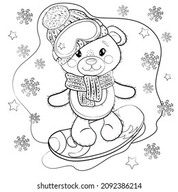 Cute Cartoon Teddy Bear in a knitted scarf, hat, glasses and on a snowboard. Vector winter  outline illustration. New Year, Christmas illustration with snowflakes on the background. Coloring page.