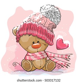 Cute Cartoon Teddy bear in a knitted cap sits on a snow