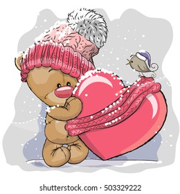 Cute Cartoon Teddy bear in knitted cap holding heart in his paws