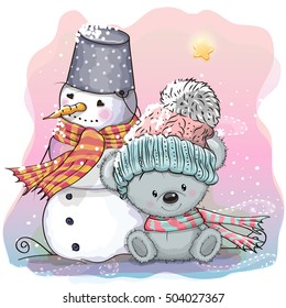 Cute Cartoon Teddy Bear in a knitted cap and snowman