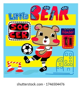 Cute cartoon teddy bear little  Number 11 boy kicking a soccer ball on striped  Blue yellow background . illustration vector.