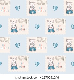 Cute cartoon teddy bear with love letter postage stamp. Hand drawn seamless vector pattern illustration for valentines day greeting card. Kawaii be mine text in pastel flat color. 