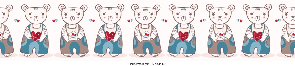 Cute cartoon teddy bear with love letter and flower. Hand drawn seamless vector border  illustration for valentines day greeting card. Kawaii banner ribbon in pastel flat color.
