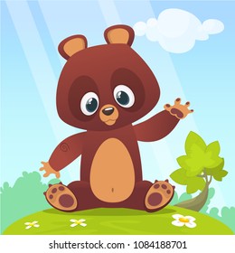 Cute Cartoon Teddy Bear on a meadow with flowers. Vector illustration