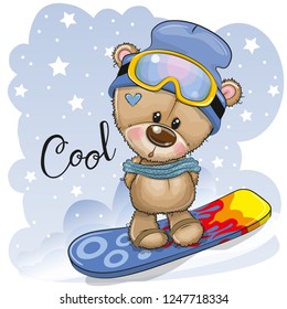 Cute cartoon Teddy Bear on a snowboard on a blue background