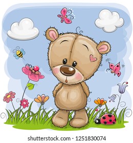 Cute Cartoon Teddy Bear on a meadow with flowers and butterflies