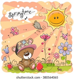 Cute Cartoon Teddy Bear the meadow and flowers 