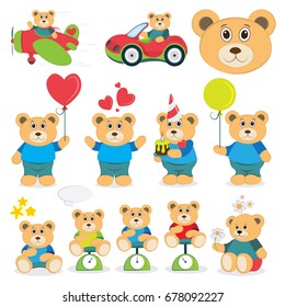Cute cartoon Teddy Bear on a white background.
Set of toy bear illustrations. 