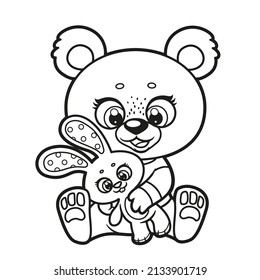 Cute cartoon teddy bear in pajamas  holding toy rabbit outline drawing for coloring on a white background