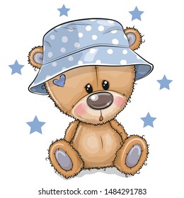 Cute Cartoon Teddy Bear in panama hat isolated on a white background