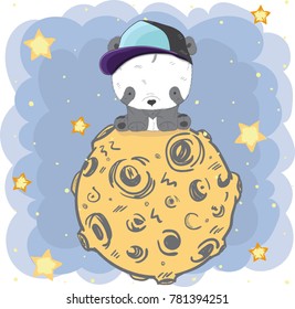 Lindo oso de dibujos animados de peluche Panda en la luna en el espacio