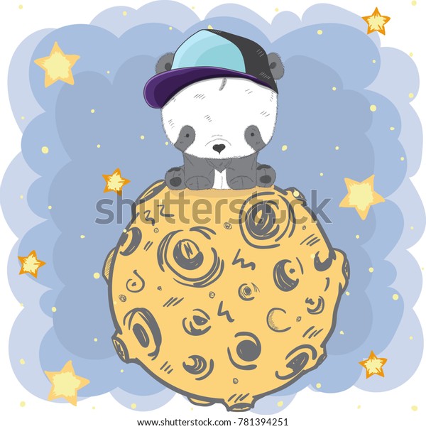 Cute\
cartoon Teddy bear Panda on the moon in\
space