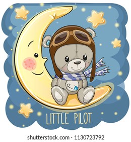 Cute cartoon Teddy Bear in a pilot hat is sitting on the moon
