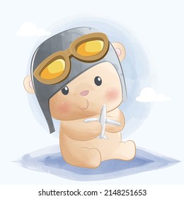 Cute cartoon teddy bear in a pilot hat