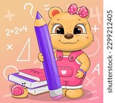 A cute cartoon teddy bear in a pink jumpsuit and hair bow is holding a large lilac pencil. School vector illustration of an animal with books, a pen and a snail on a pink background with math symbols.