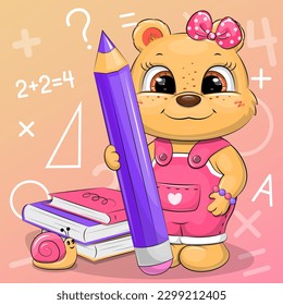 A cute cartoon teddy bear in a pink jumpsuit and hair bow is holding a large lilac pencil. School vector illustration of an animal with books, a pen and a snail on a pink background with math symbols.