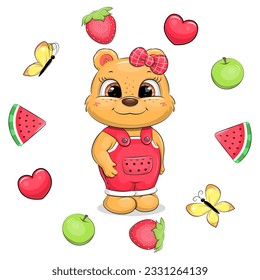 Cute cartoon teddy bear in a pink jumpsuit and hair bow in a fruit frame. Summer animal vector illustration on white background.