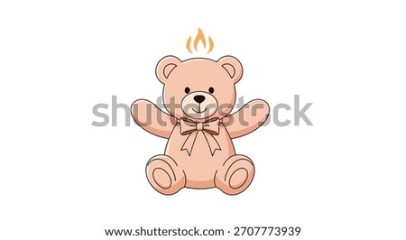 A cute cartoon teddy bear with a pink bow and a small flame lit above its head representing a bright idea or passion.