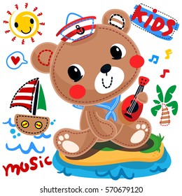 Cute cartoon teddy bear playing guitar in a sailor costume sitting on small island isolated on white background illustration vector.