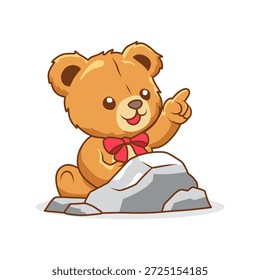 Lindo oso de peluche de dibujos animados que apunta hacia atrás de una roca. Perfecto para la aventura al aire libre, exploración, camping, senderismo, concepto de viaje, ilustración para niños, pegatinas y diseños de personajes lindos