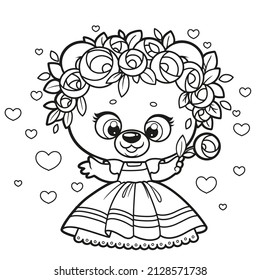 Oso de peluche de caricatura con vestido de princesa y corona de rosas delinear el dibujo para colorear sobre un fondo blanco