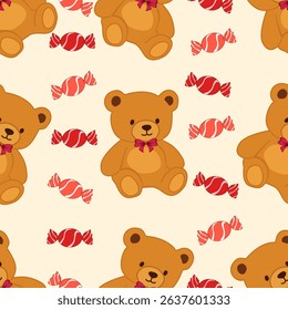 Cute cartoon  teddy bear with a red bow and red candy seamless vector pattern background for baby and child wallpaper, textiles, bedding, background, and designg packaging