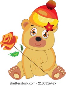 Cute cartoon teddy bear with rose.Hand drawn vector illustration.