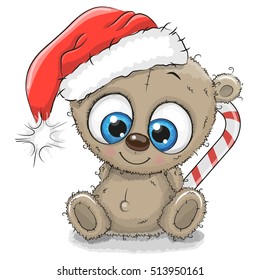 Cute Cartoon Teddy Bear in a Santa hat on a white background