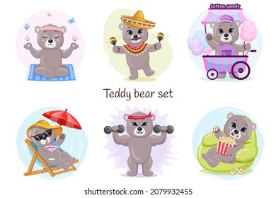 Cute cartoon teddy bear set. Bear yoga,  fiesta, vendor, relax, strong, lazy with pop corn. 